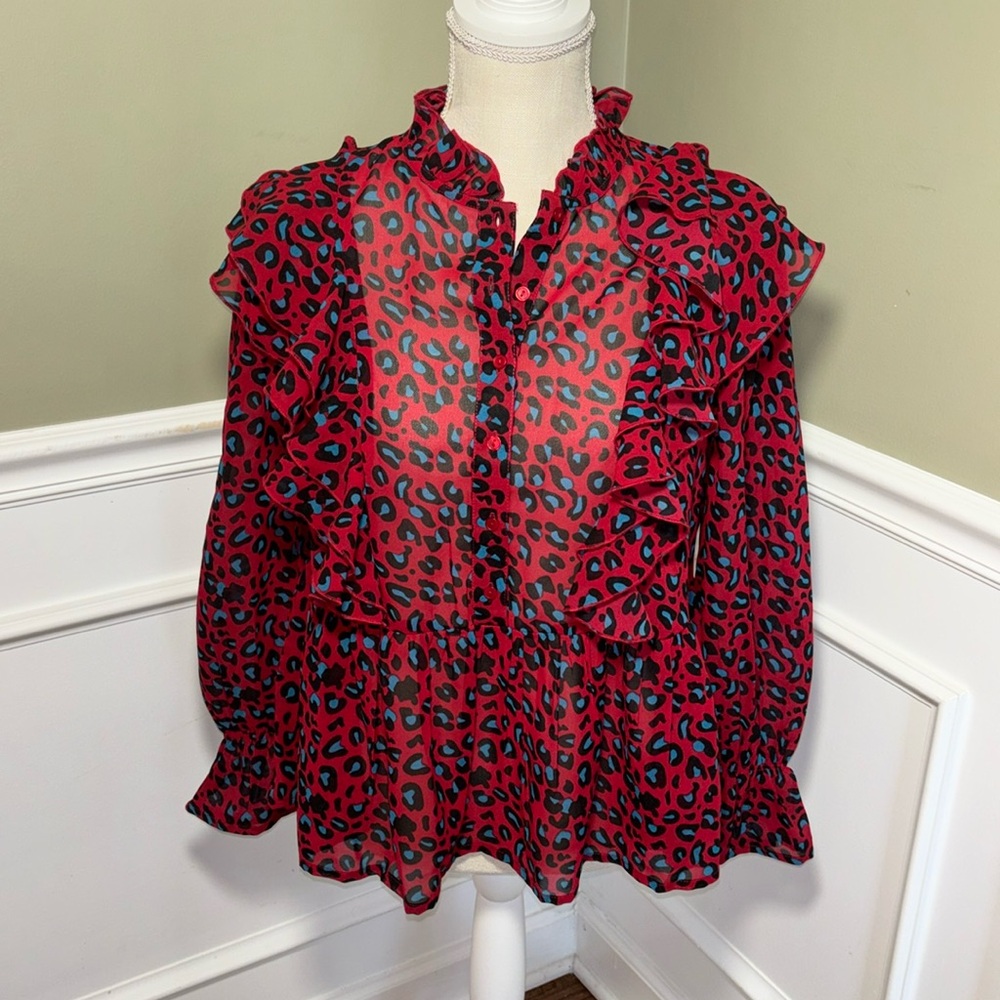 New look wmn size‎ 10 leopard print red black teal peasant blouse ruffles sheer